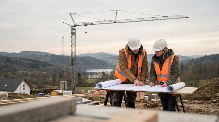 Baubegleitung Waren (Müritz): zwei Baufachleute besprechen Pläne auf der Baustelle