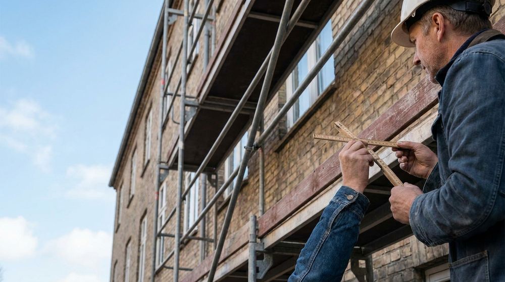 Sachverständiger vermisst die Fassade eines Wohngebäudes in Waren (Müritz)